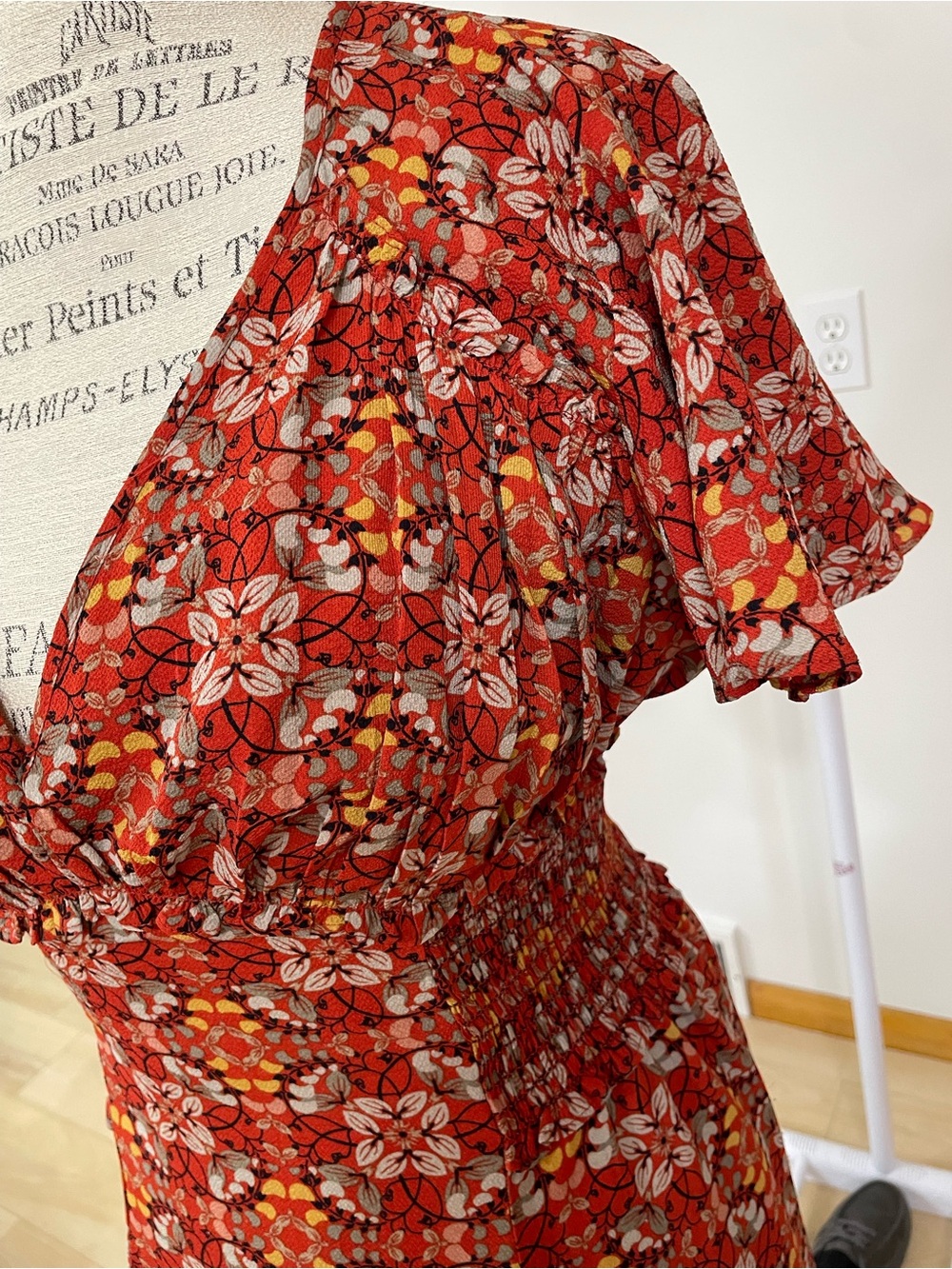 Max Studio Rust Floral Smocked Midi Dress with Orange & Cream Accents - Picture 2 of 5